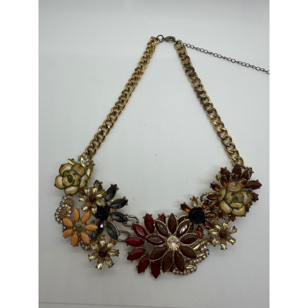 Gold Tone Floral Statement Necklace Rhinestone Enamel Bib Autumn Earth Tones